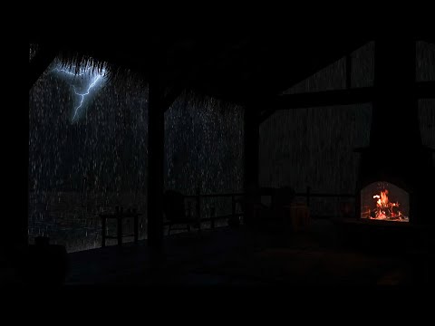 🌧️Relaxing Night Rain on the Balcony – Thunder & Fireplace Sounds for Deep Sleep & Focus🔥