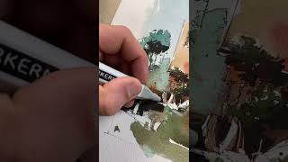 Watercolor architectural sketching with markers. Quick house design