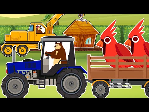 The Bear Builds a House for the Northern Cardinal Bird - Use Crane, Hammer, Tractor | Farm Animation