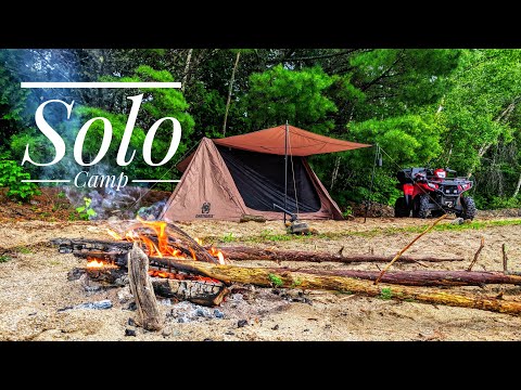 Solo Camping in a Rain Storm - Cooking Ribs over campfire, ATV Camping