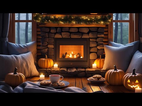 Cozy Halloween Ambience 🎃 Crackling Fireplace Sounds, Pumpkins & Autumn Vibes 🍁 | 4K