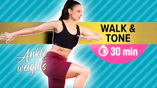 30 min WALK & TONE workout (beginner friendly) - TECH HOUSE music, w/ankle weights, no repeats