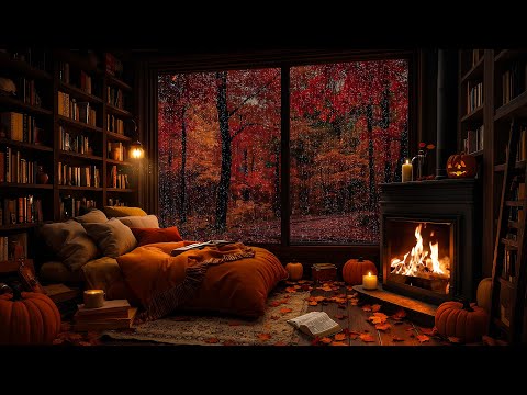 Cozy Fall Fireplace Ambience 🍂 Soft Jazz with Rainfall & Pumpkins, Candles for a Warm Atmosphere