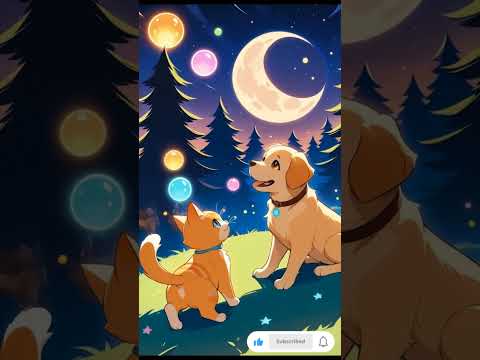 Cat and Dog Enjoy Moonlit Night | Kittens & Puppies Play with Balls | Cute Animal Animation 4K