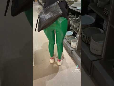 Shopping in green latex leggings