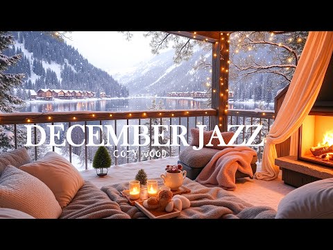 4K December Jazz Balcony by the Lake ❄️ Cozy Ambience with Crackling Fireplace & Smooth Jazz