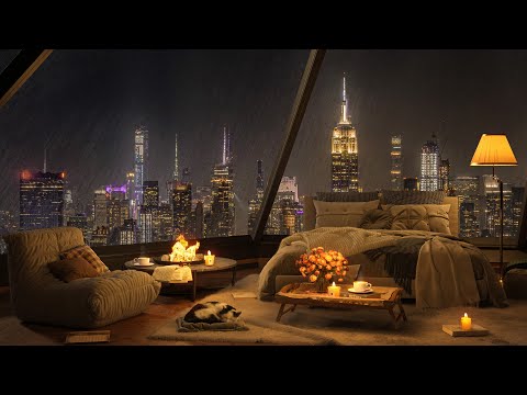 🌧️ Sleep in a Cozy New York Bedroom with Rain on the Window 🎵 Smooth Piano Jazz Music for Deep Sleep