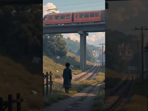 A solitary figure, gazing at a red train. - railway tracks #ai