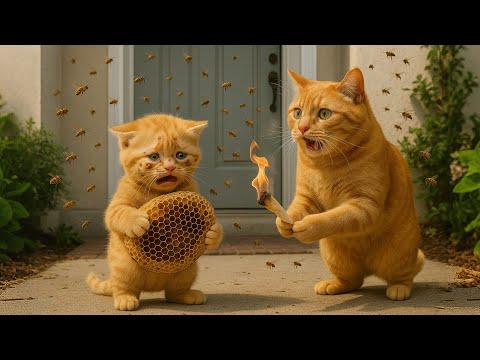 Kitten Catches Bee Nest To Make Mama Cat Happy, But Makes Her Worried Because Gets Stung By Bees