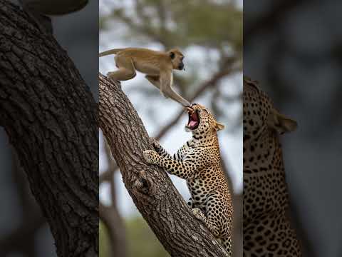 “A monkey facing off a leopard with just a stick”#Monkey #Leopard #Wildlife #SavannaStory
