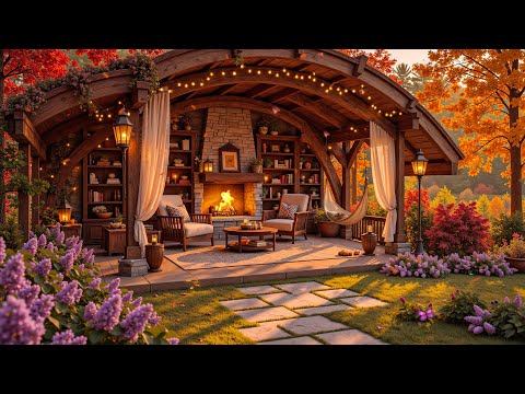 Soft Jazz Music on Autumn Porch Forest 🍂 Cozy Reading Nook & Fireplace Sounds for Stress Relief