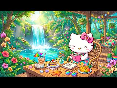 Hello Kitty’s Waterfall Retreat 🌺 Relaxing Jazz Music for Reading, Study & Peaceful Nature