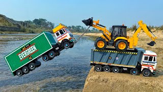 Heavy BharatBenz Dumper Truck Accident Pulling Out JCB 3DX | Tractor Cartoon | JCB Cartoon | AJ TOYS