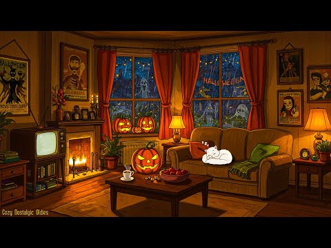 🎃 relaxing halloween vibes | 1940s vintage oldies music, fireplace ambience & rain sounds for sleep