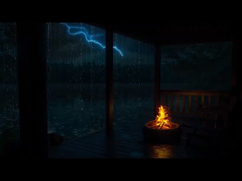 🛌⚡Tranquil Stormy Night | Cozy Fireplace, Pouring Rain & Deep Rolling Thunder🔥⛈️🌌