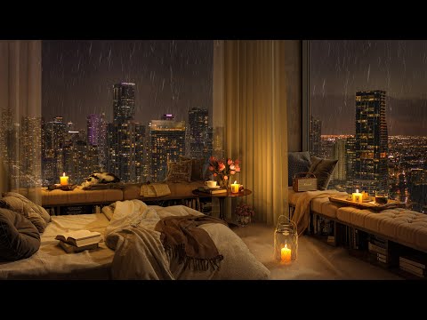 Cozy Bedroom Ambience with a Miami Night View 🌃 Smooth Jazz Piano Music & Rain Sounds for Sleeping