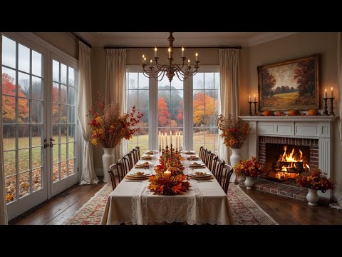 Cozy Thanksgiving Morning Ambience 🦃 Crisp Autumn Day 🍁 Calming Rain + Fire Sounds for Sleep & Focus
