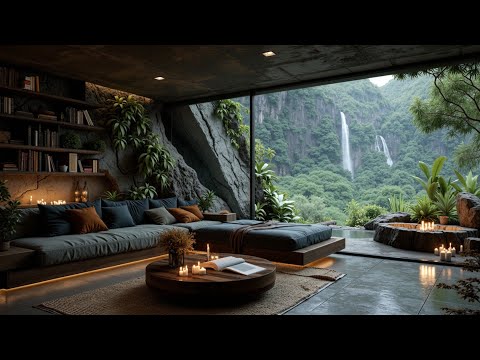 Calming Cabin Ambience ~ Waterfall View ~ Rain Sounds for Cozy Sleep & Deep Relaxation