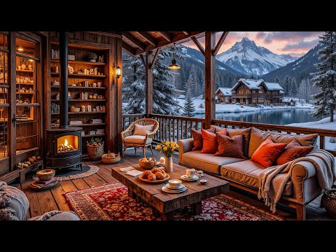 Soft Piano Jazz Music 🔥 Crackling Fireplace – Peaceful Winter Porch Ambience for Calm and Comfort