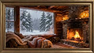 Cozy Winter Cabin Fireplace. Gold framed Vintage Snowy art screensaver. 4k TV  background