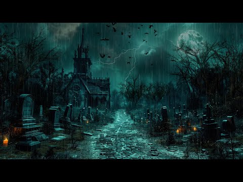 Haunted Cemetery Halloween Ambience w Relaxing Heavy Rain & Thunderstorm Sound for Sleep