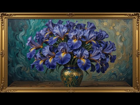 Gold Framed Vintage | Elegant Blue Irises Painting | Luxurious Van Gogh-Inspired TV Art