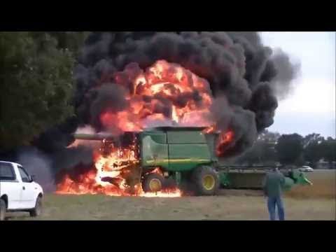The amazing of big john deere combine fire complications,truck on fire rolls into fire truck