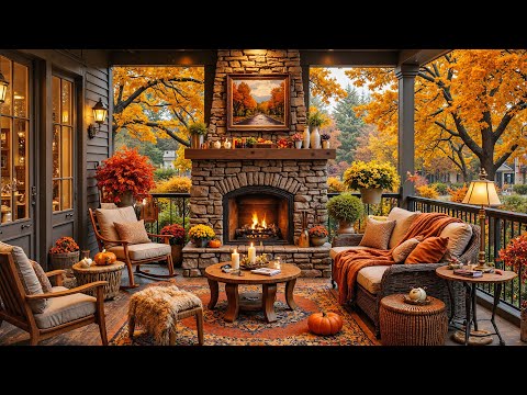 Warm Fall Morning at Coffee Ambience 🍂 Relaxing Piano Jazz Music &  Crackling Fireplace for Calm