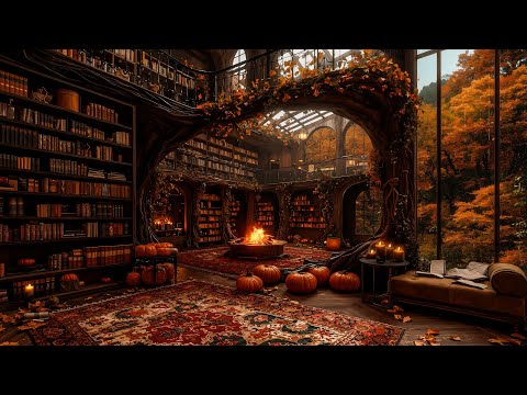 Enchanted Autumn Library Jazz Ambience 🍂 Fireplace Crackling with Rain Sounds for Good Mood