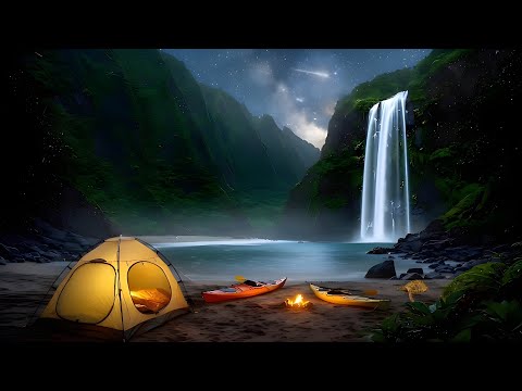 Cozy Camping Ambience 4K | Real Shooting Stars, Waterfall Sounds, & Campfire Ambience