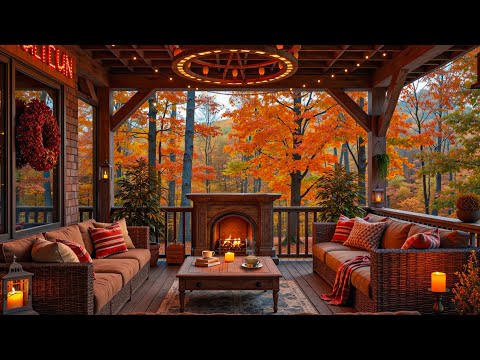 Stress Relief with Fall Relaxing Jazz 🔥 Cozy Autumn Porch Ambience & Fireplace Crackle to Study
