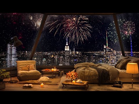 Cozy Bedroom Ambience at New York on Night Snowfalling ❄ Winter Jazz Music & Warm Fireplace to Sleep