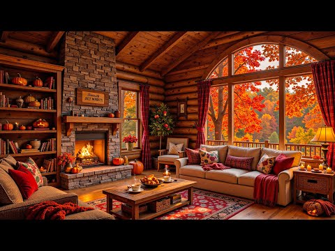 Sleep in a Cozy Hut Cabin 🍂Autumn Jazz Ambience with Crackling Fireplace and Relaxing Falling Leaves