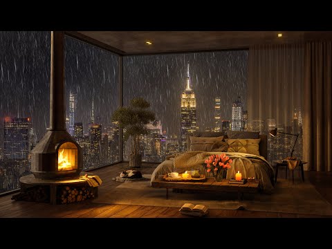 Warm And Cozy Rain at New York City in Night Ambience 🌧️ Relaxing Piano Jazz Music for Deep Sleep