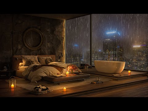 Rain Ambience at Los Angeles 🌧️ Relaxing Jazz Music by the Fireplace in Cozy Bedroom for Deep Sleep