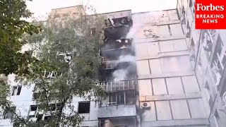 First Responders Rush To Tower Hit By Russian Strike In Dnipro, Ukraine