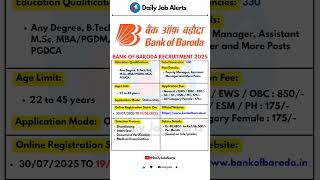 Bank of Baroda Recruitment 2025 | New Vacancy 2025 | Daily Job Alerts #shorts