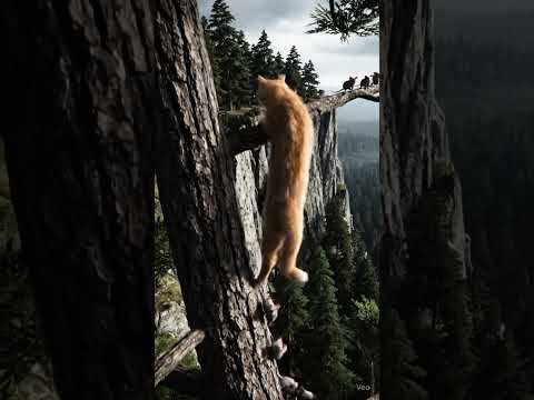A scared cat climbing a tall tree on the edge of a cliff, chased by a small mouses
