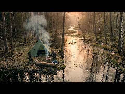 Hot tent camping by a forgotten river, a split-wood stove and bushcraft