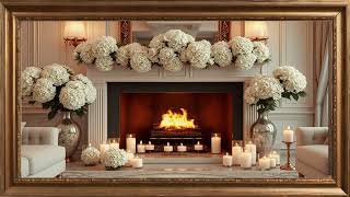 Gold framed Vintage fireplace art with Vivid flowers and candles.4k TV screensaver Relax Sleep Study