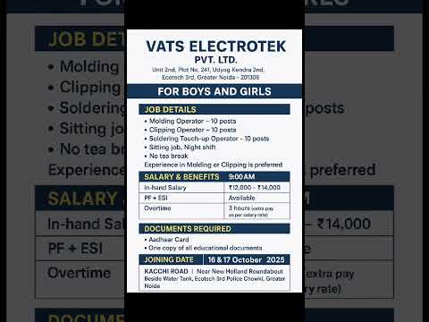Vats Electrotek Pvt. Ltd. – Free Job Opportunity in Greater Noida!