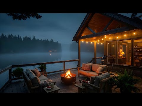 Cozy Lakeside Deck | 4K Spring Night Ambience | Fire & Lake Sounds | Sleep, Relax, Read, Focus