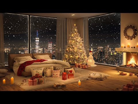❄ Cozy Christmas Bedroom 2025 🎄🎅Christmas Jazz Music with Snowing Ambience & Warm Fireplace to Sleep