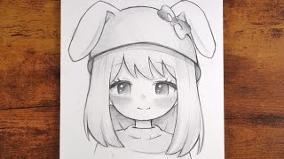 How to Draw Cute Anime Girl with Bunny Hat | Easy Pencil Sketch