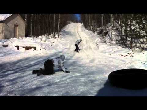Epic snow skateboarding fail x2