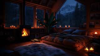 Thunderstorm in a Cozy Bedroom with Crackling Fireplace | Heavy Rain & Distant Thunder