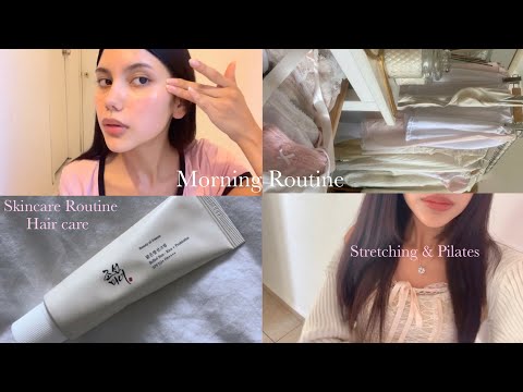 Mi rutina de mañana 🎀 mi rutina de piel, cabello & ejercicio 🧘♀️🍵 healing