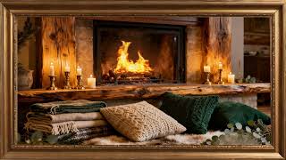 Cozy Fireplace & Candlelight Ambience. Gold framed Vintage art screensaver 4k TV Painting background