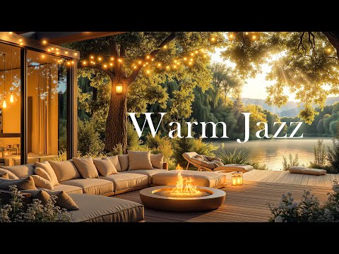 Warming Sunset Jazz Escape | Relaxing Music & Fireplace for Peaceful Lakeside Moments