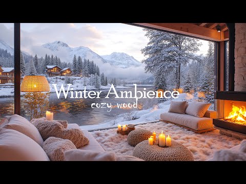 4K Sunrise By The Lake In Winter Ambience - Crackling Fireplace & Snowy  Ambience for Relaxation